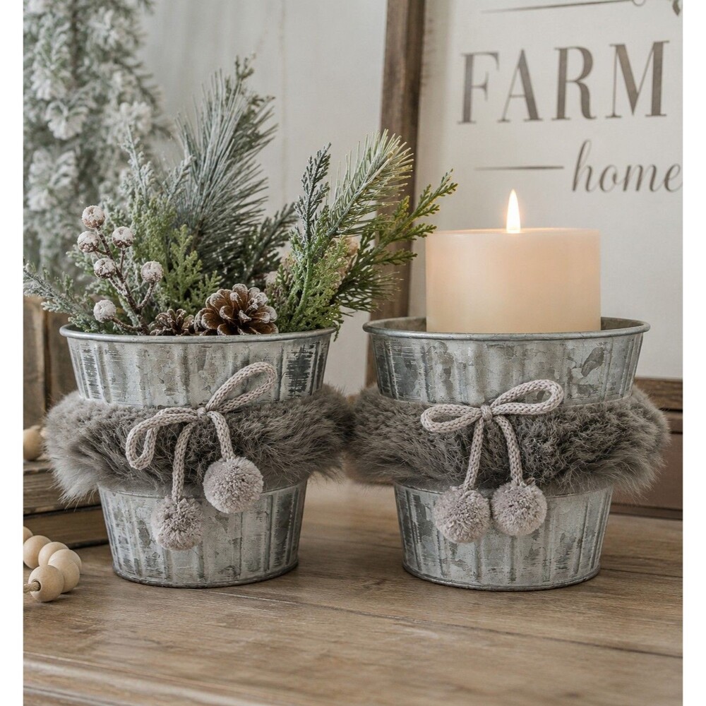 Rustic Galvanized Metal Planters Faux Fur Trim Pom Pom Farmhouse Decor Set 2